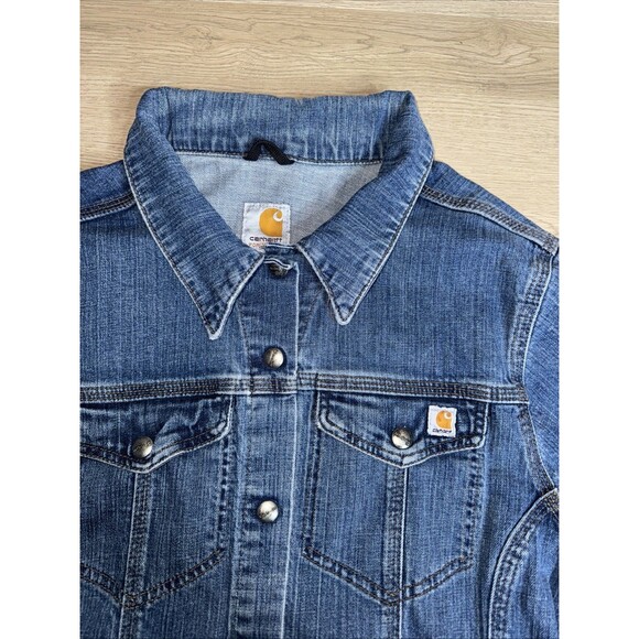 Carhartt For Women Denim Trucker Jacket Stretch Blue Snap Front Dark Wash XL - Picture 3 of 6